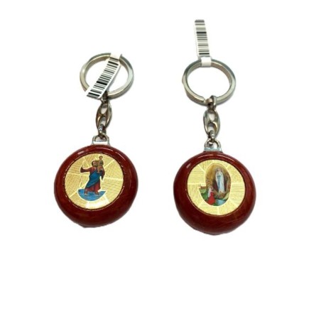 Porte-clés en bois vernis de St Christophe et Lourdes