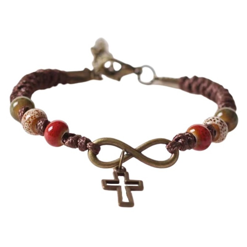 Cross touw armband + hart kralen rood