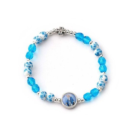Bracelet élastique perle en verre Bleu Acqua  6mm + médaille Miraculeuse