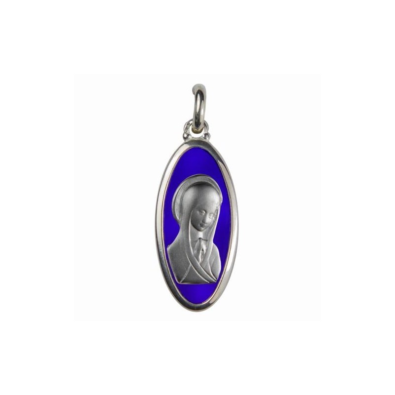 Médaille Argent NGL Vierge ovale 31x14mm INTERIEUR EMAIL BLEU