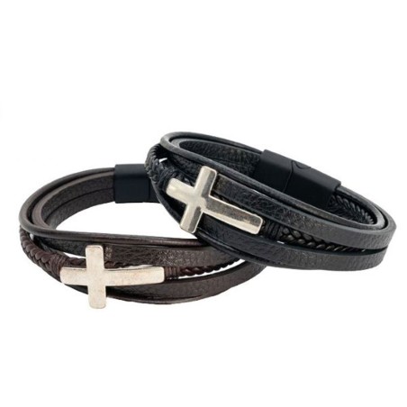 Bracelet cuir avec croix métal