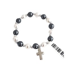 Bracelet élastique perles blanches nacrées + hématite + croix métal