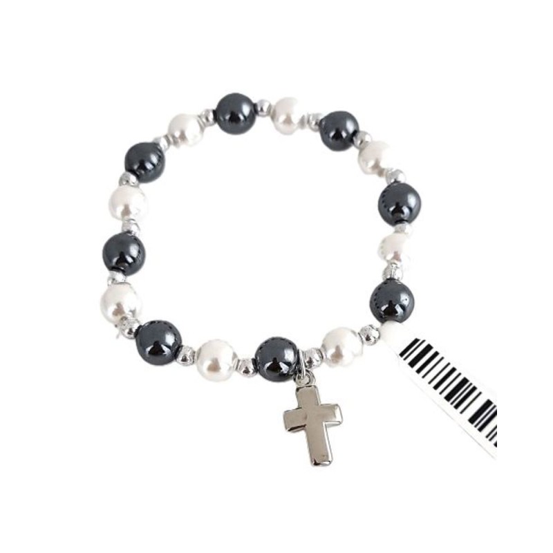 Elastische armband Pearly White Pearls + Hematite + Metal Cross
