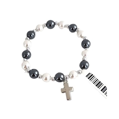 Elastische armband Pearly White Pearls + Hematite + Metal Cross