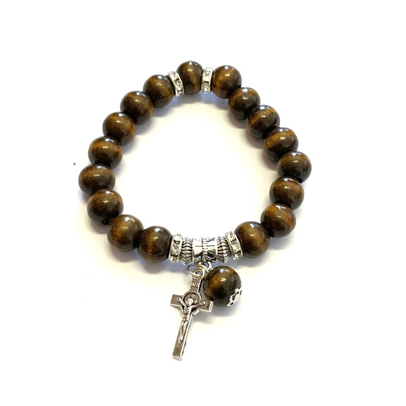 Houten elastische armband met St. Benoit Cross