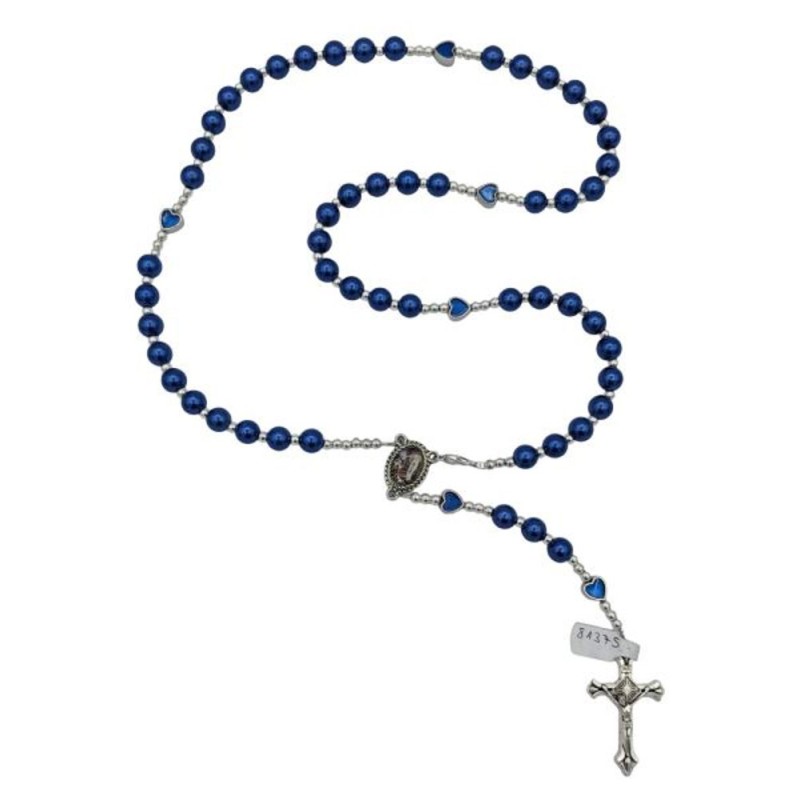 Chapelet perle Bleu Safire nacre 8mm et cœur avec pochette