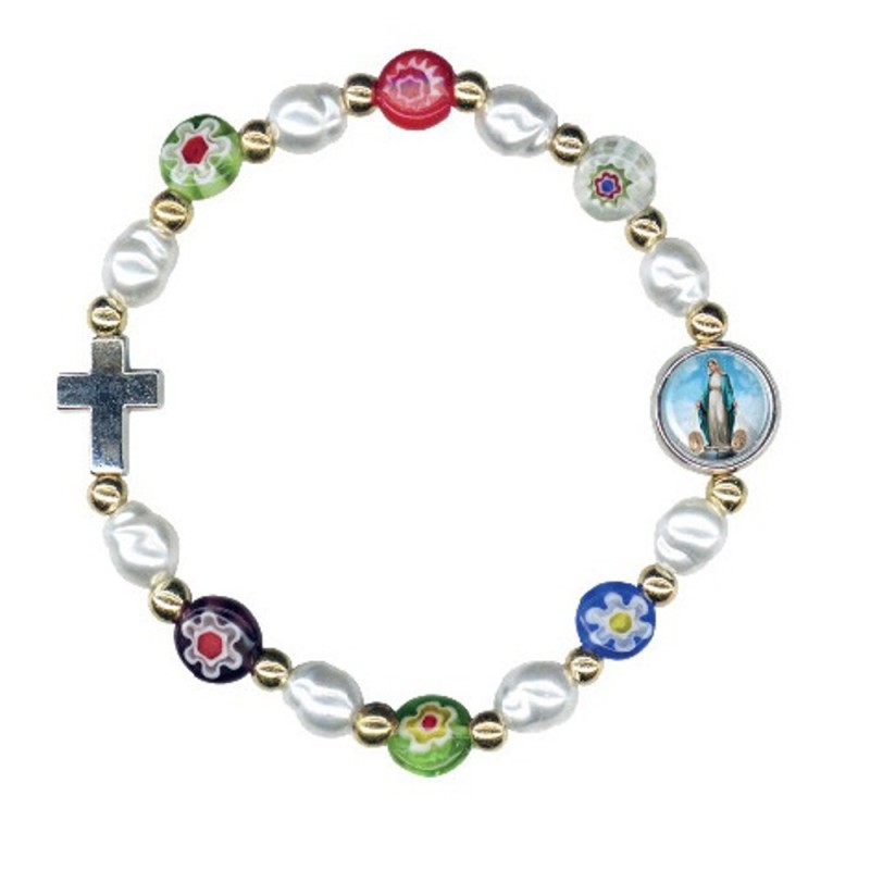 Bracelet effet perle murano avec croix et médaille