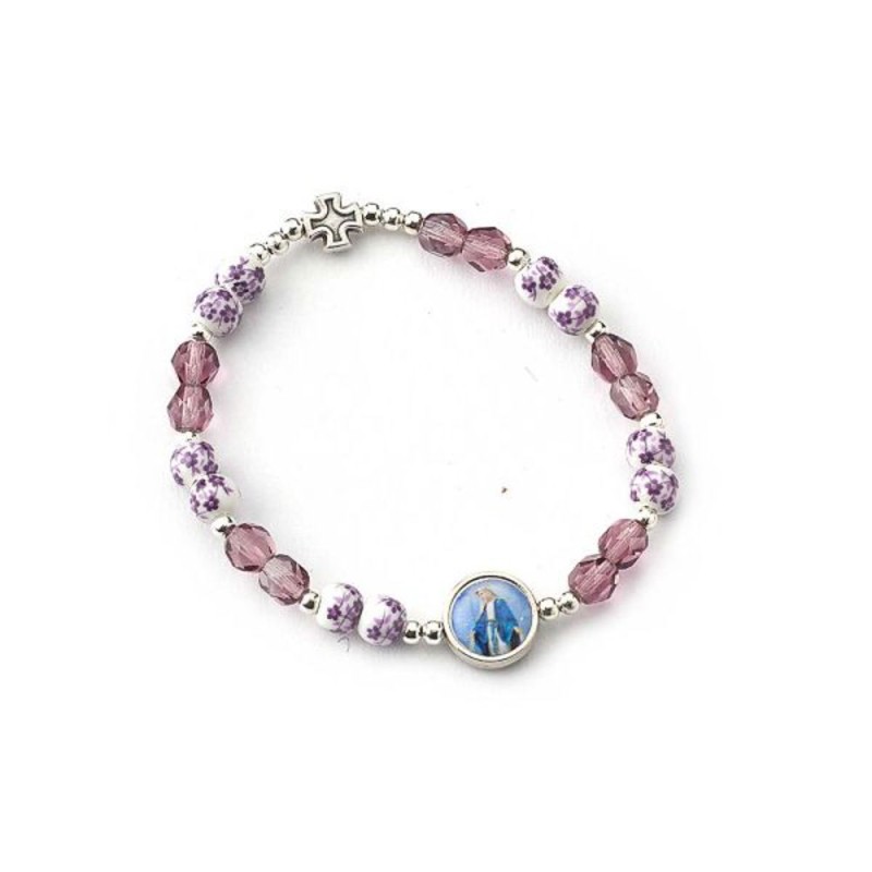 Bracelet élastique perle en verre Amethiste  6mm + médaille Miraculeuse