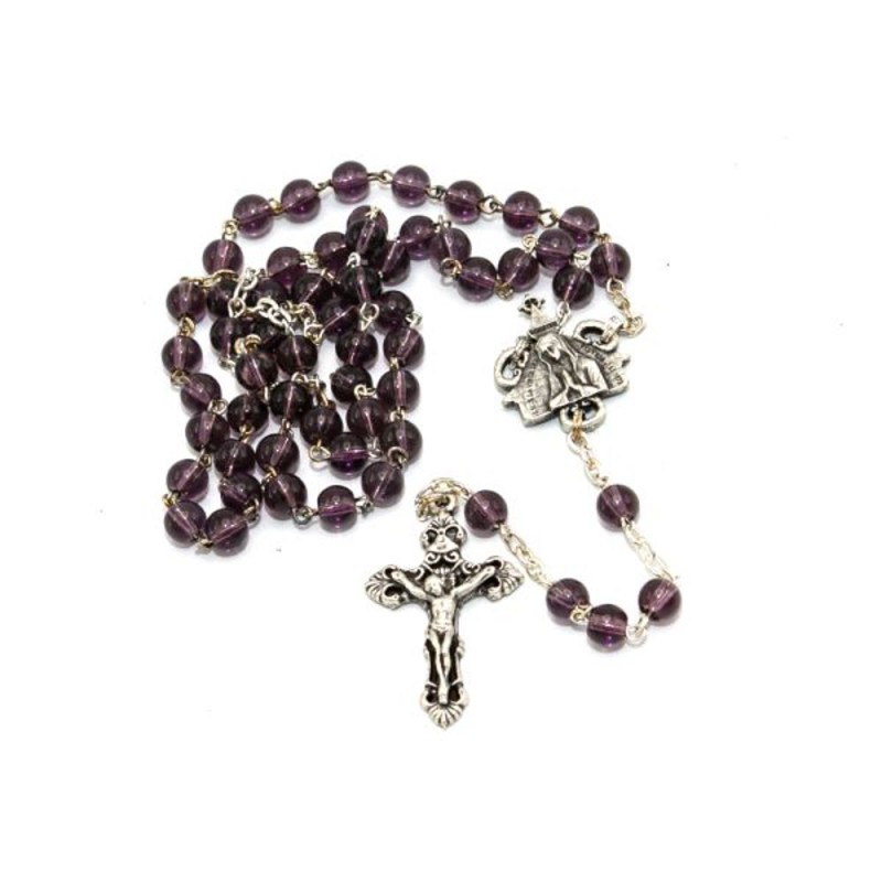 Chapelet de Banneux en verre mauve. perles de 6 mm