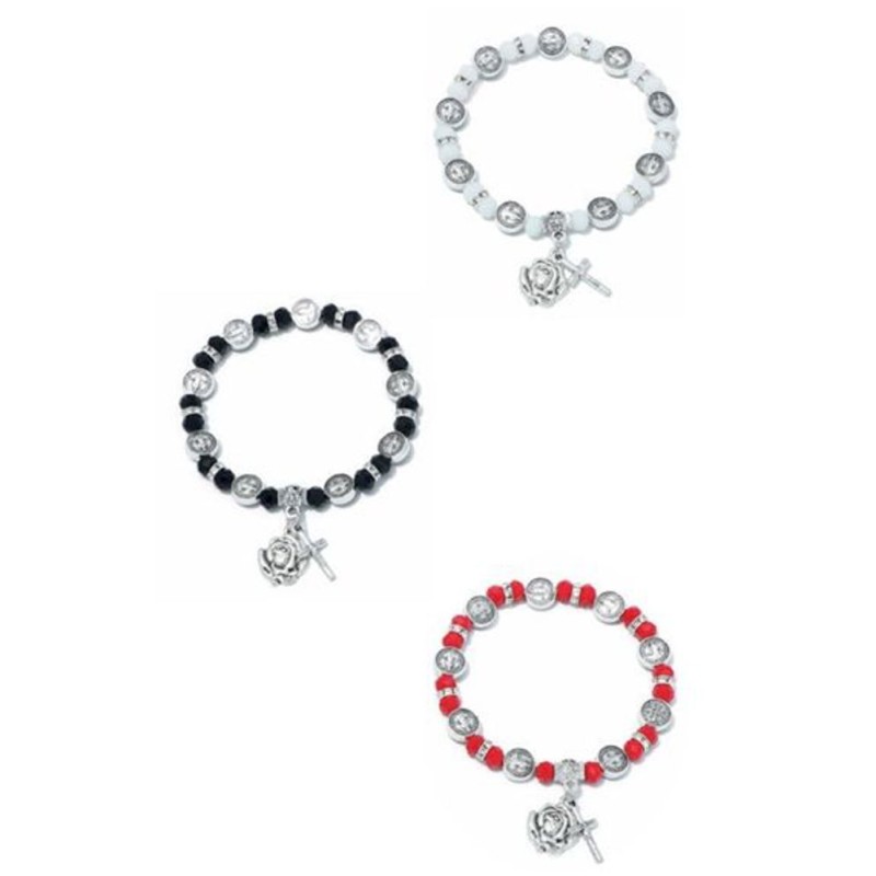 Elastische armband parels en medaille S. Benoit zilver wit zwart rood
