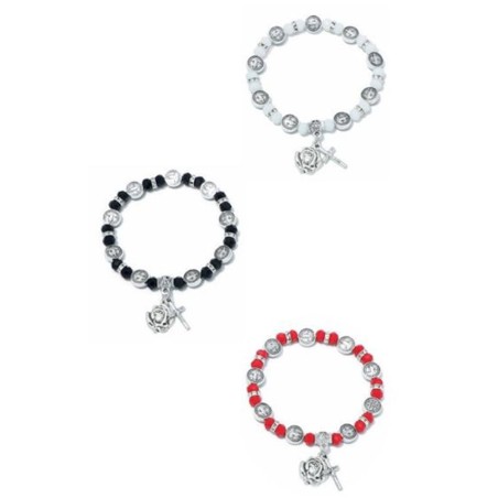 Elastische armband parels en medaille S. Benoit zilver wit zwart rood