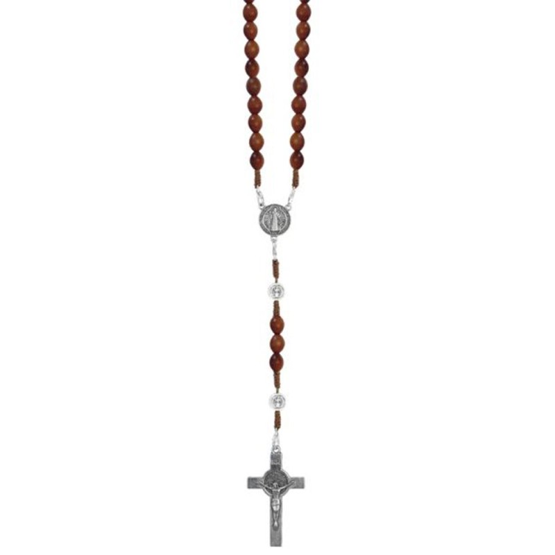 Chapelet Saint Benoit perles ovale 6mm imit bois sur corde marron
