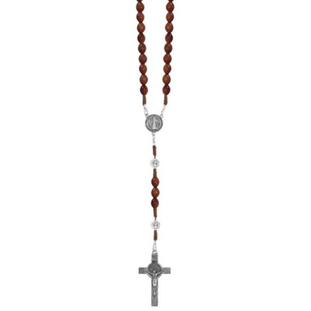 Chapelet Saint Benoit perles ovale 6mm imit bois sur corde marron