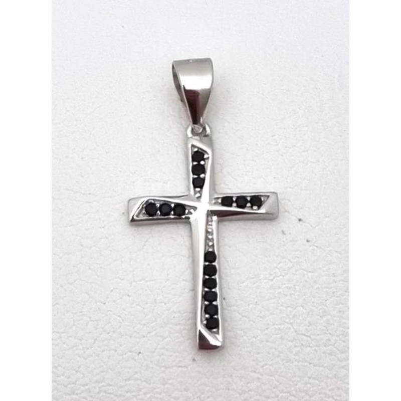 Pendentif croix facette avec zircons noirs Argent RH S925 0.90gr