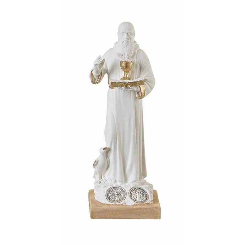 Statue S. Benoit blanc/or résine 10cm avec médaille métal 