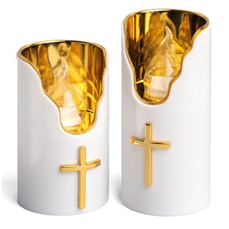 (527) Bougie électronique sur batterie H125mm blanche déco dorée flamme Jaune