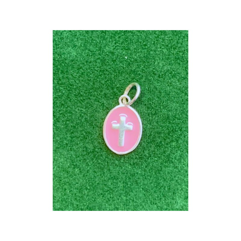 Médaille ovale 10mm Argent S925 émaillée rose avec croix