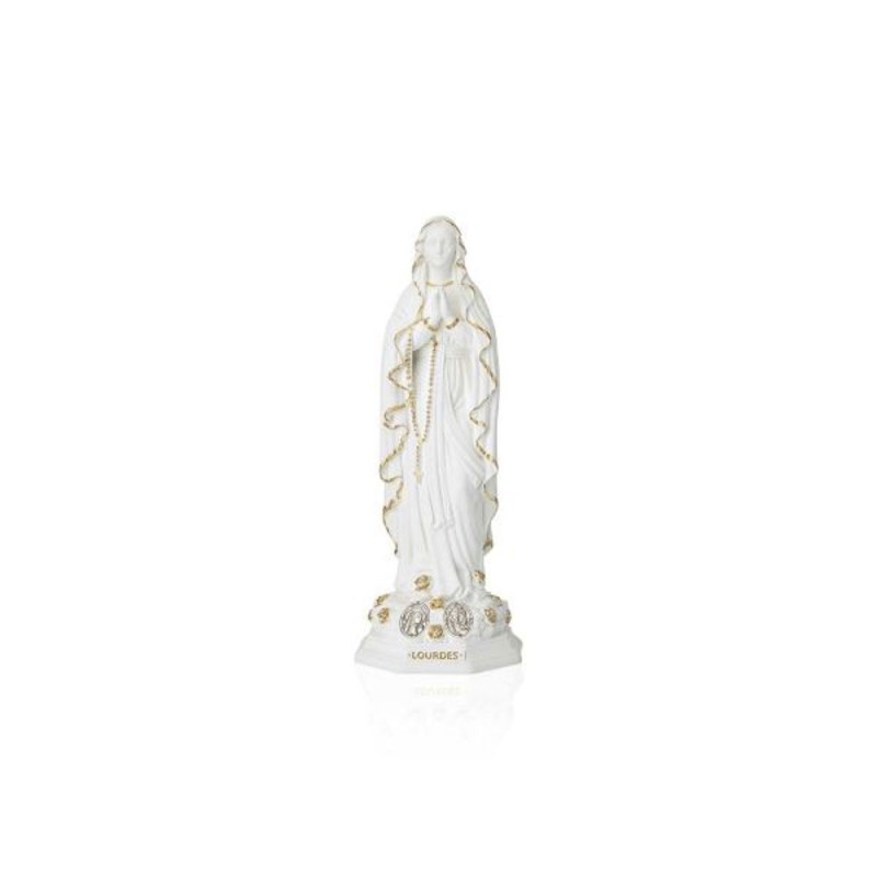 Statue ND Lourdes Blanc/Or 20cm avec médaille métal Ox