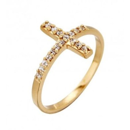 Vergulde ring met kruis + strass T: 52 