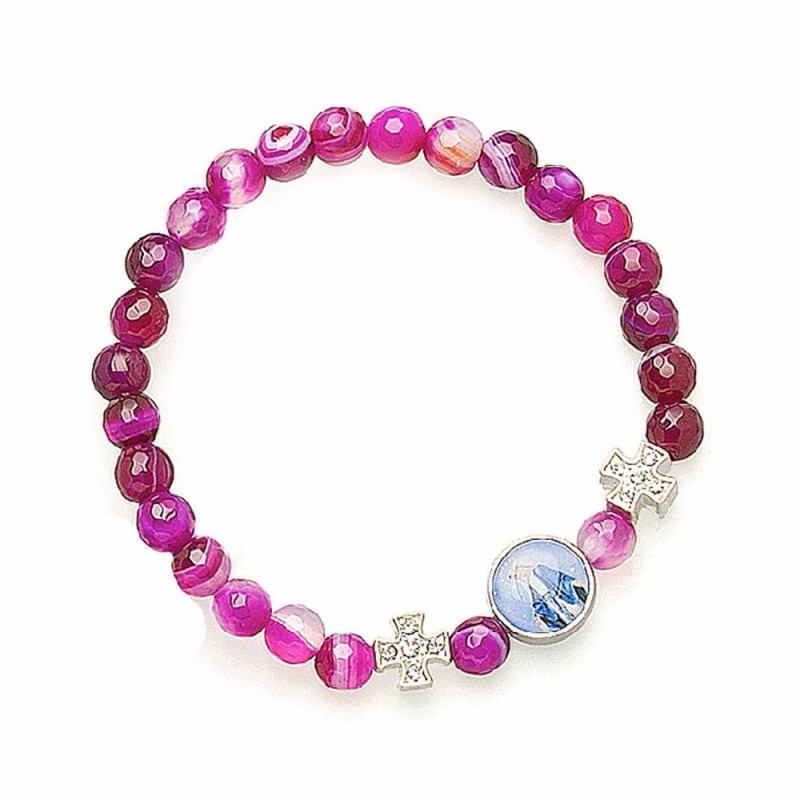 Braziliaanse elastische armband Agaat Fuchsia en Cross Metal 6mm 