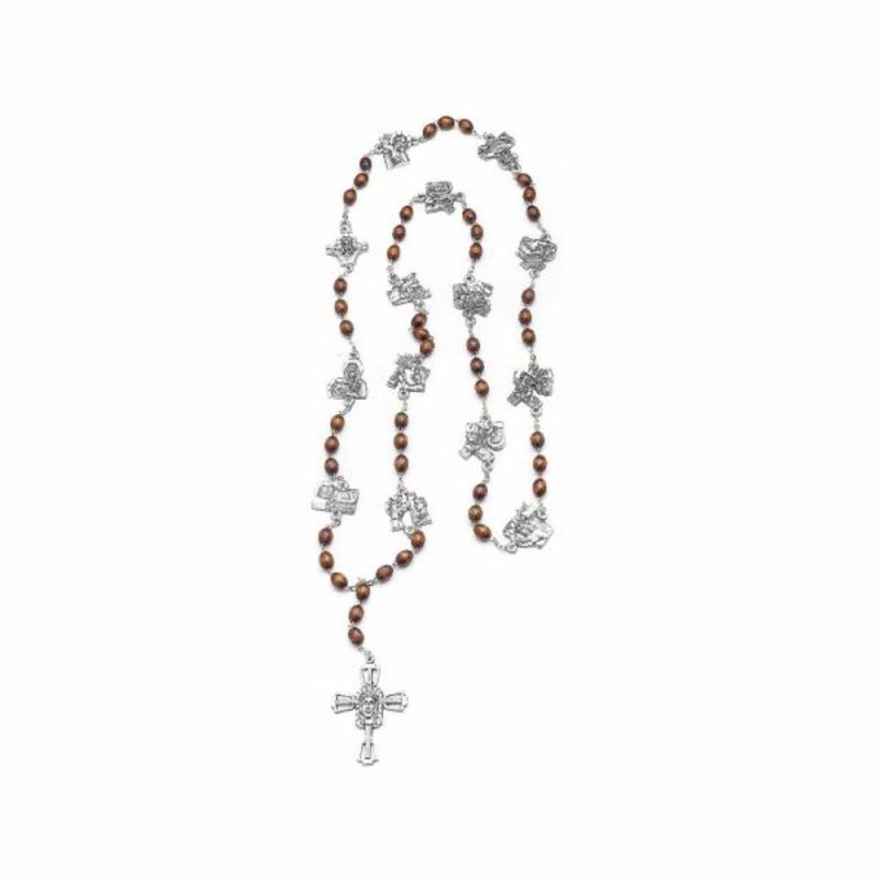 Chapelet bois perles ovale 7mm avec chemin de croix en métal