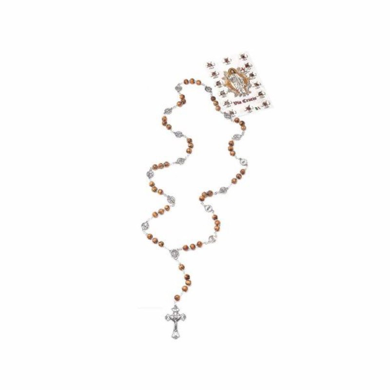 Chapelet bois perles ovale 7mm avec chemin de croix en métal