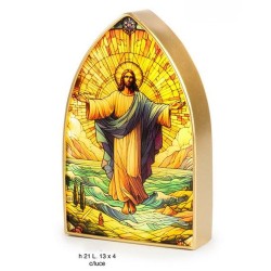Cadre icône vitrail Jésus résurrection  H:21cm avec lumière  (2 piles AAA non incluses)