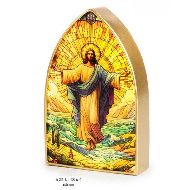 Cadre icône vitrail Jésus résurrection  H:21cm avec lumière  (2 piles AAA non incluses)