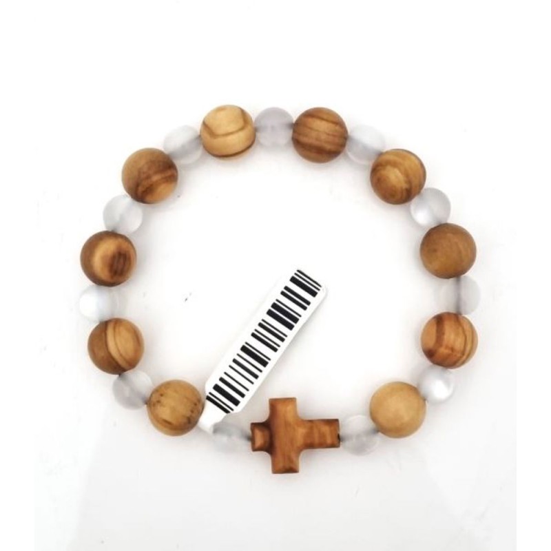 Bracelet en bois d'olivier et perle verre Blanche