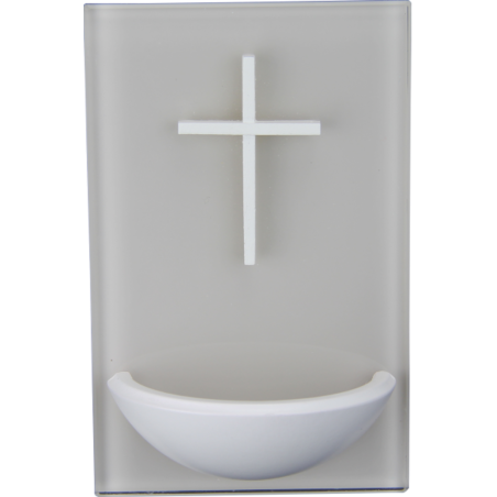 Bénitier blanc en verre avec croix en bois