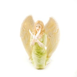 Ange en robe verte avec colombe en résine. 13.5 cm