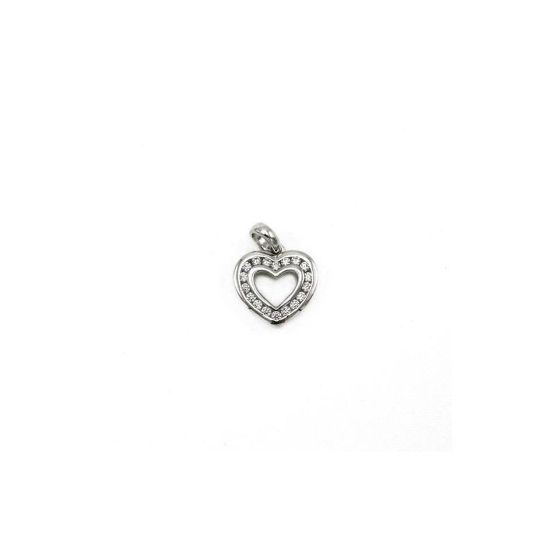 Pendentif coeur en or blanc 14 carats et zircons. 11 mm. 1.4 gr