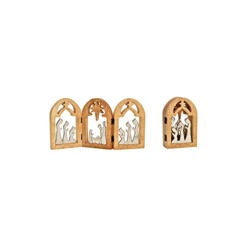 Crèche métal dans cadre triptic en bois 49x25x2cm