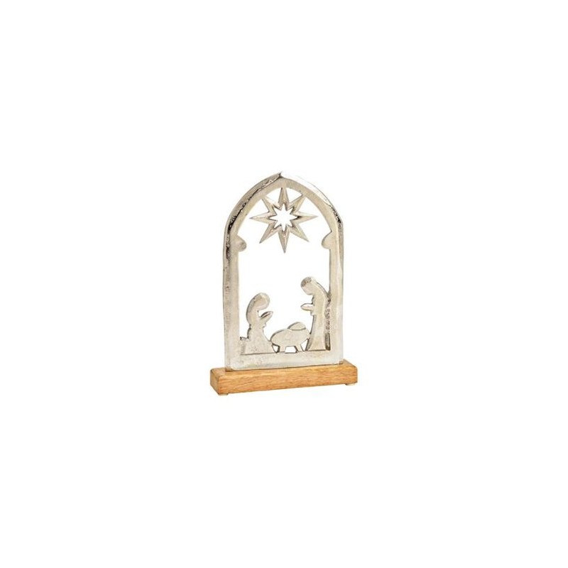 Crèche silhouette ogive métal support bois 27x18x5cm