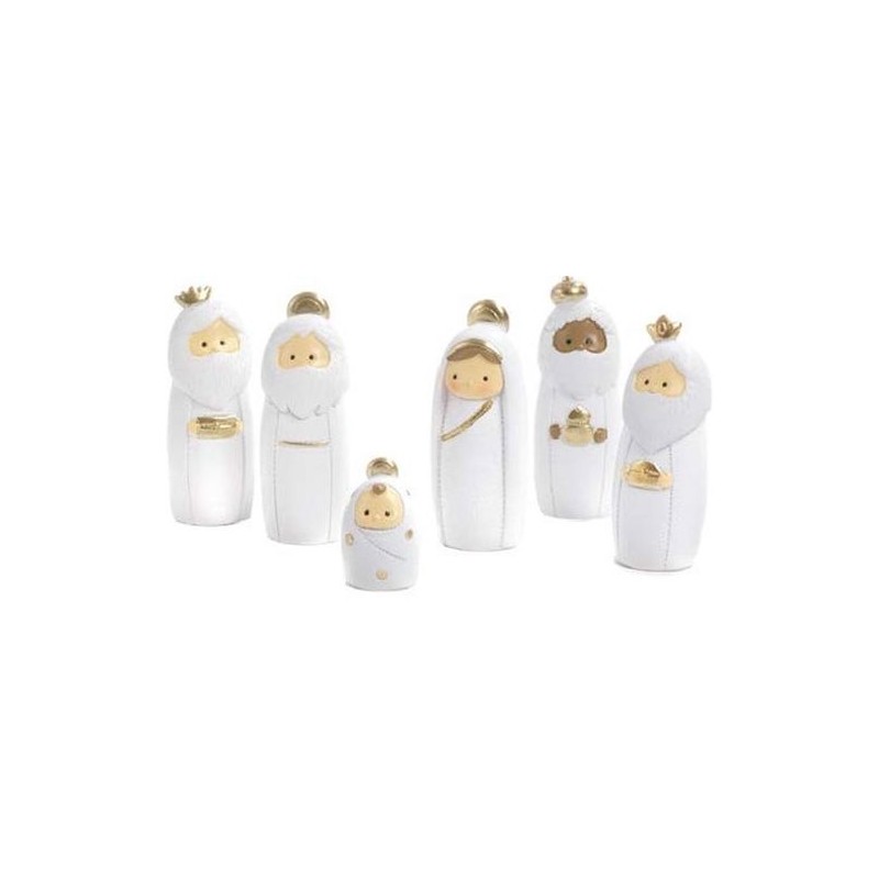 Set crèche enfantine 6 sujets 6.2cm résine blanc/or