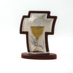 Croix avec base décorée d'un calice de communion en argent