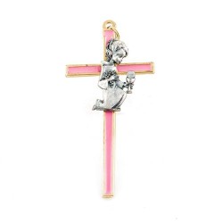 Croix de communion pour fille en métal doré et émail rose