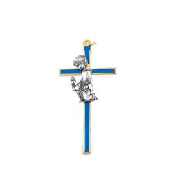Croix de communion pour garçon en métal doré et émail bleu