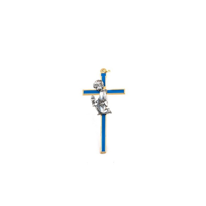 Croix de communion pour garçon en métal doré et émail bleu