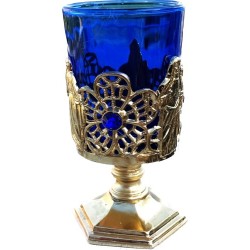 Bougeoir base métal doré avec verre bleu H: 13CM D: 5.5CM