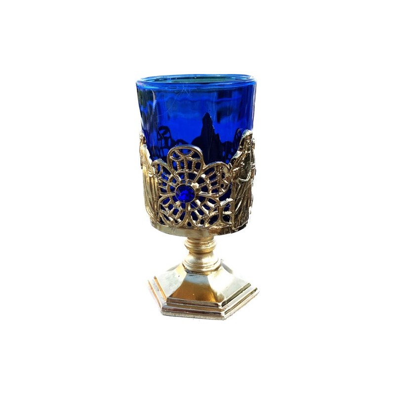 Bougeoir base métal doré avec verre bleu H: 13CM D: 5.5CM