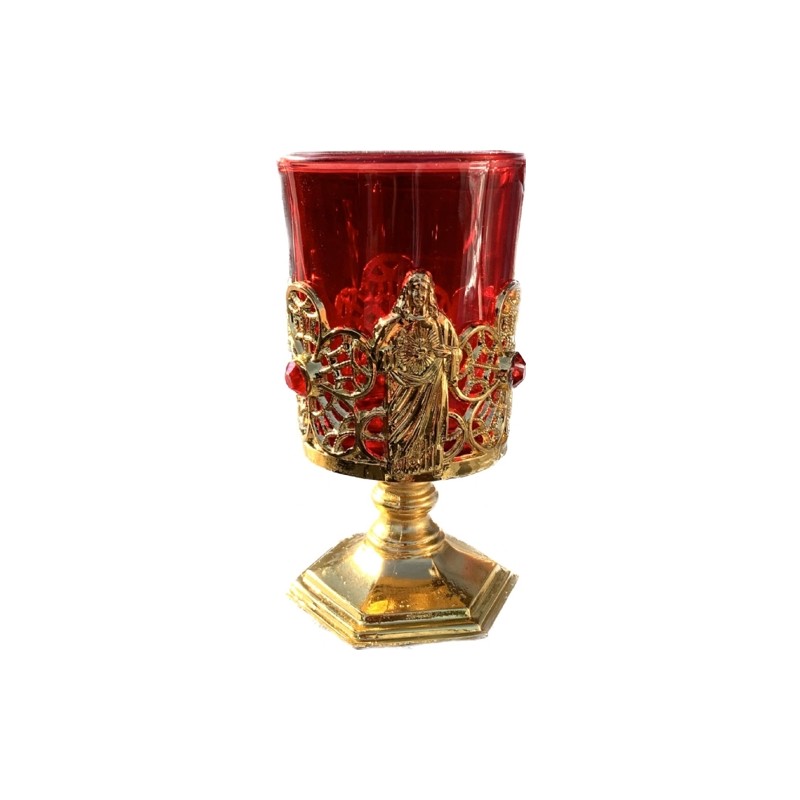 Bougeoir base métal doré avec verre rouge H:13cm D: 5.5cm