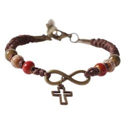 Bracelet corde croix+coeur perles rouge