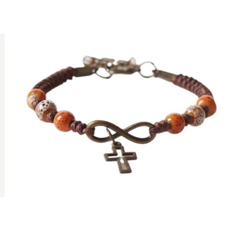 Armband kruis touw+hart oranje parels