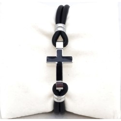 Bracelet en cuir avec croix acier email noir
