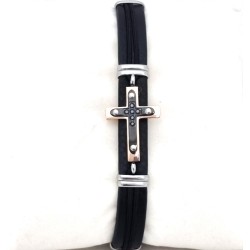 Bracelet en cuir avec croix acier doré email noir et strass noir 