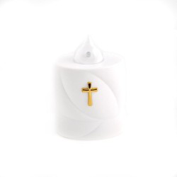 Bougie électronique blanche avec croix dorée. 11 cm