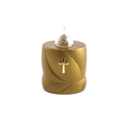 Bougie électronique dorée avec croix dorée. 11 cm