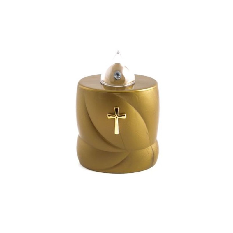 Bougie électronique dorée avec croix dorée. 11 cm