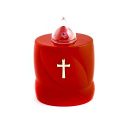 Bougie électronique rouge avec croix dorée. 11 cm